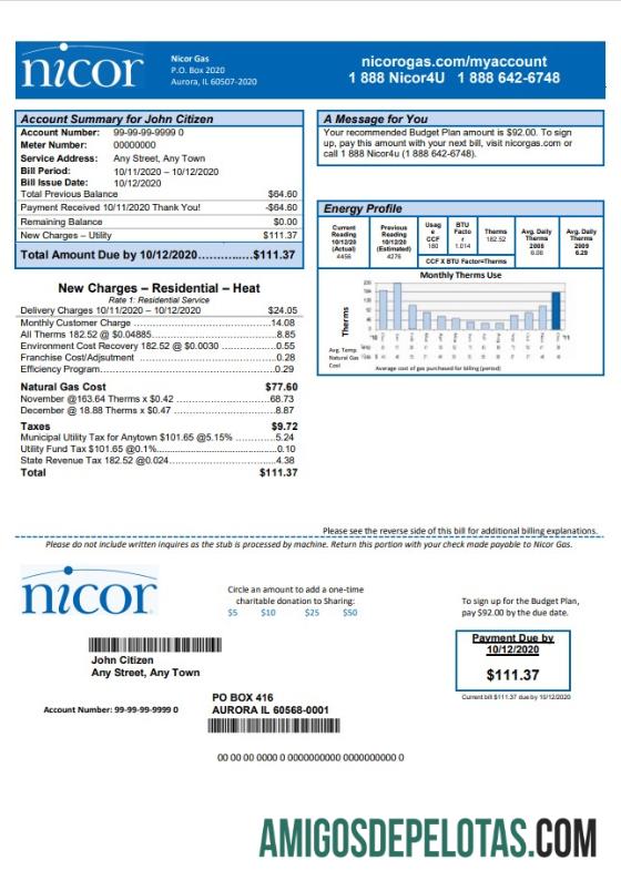imprimível Modelo de conta de serviços públicos de gás EUA Illinois Nicor ​​em formato Word e PDF